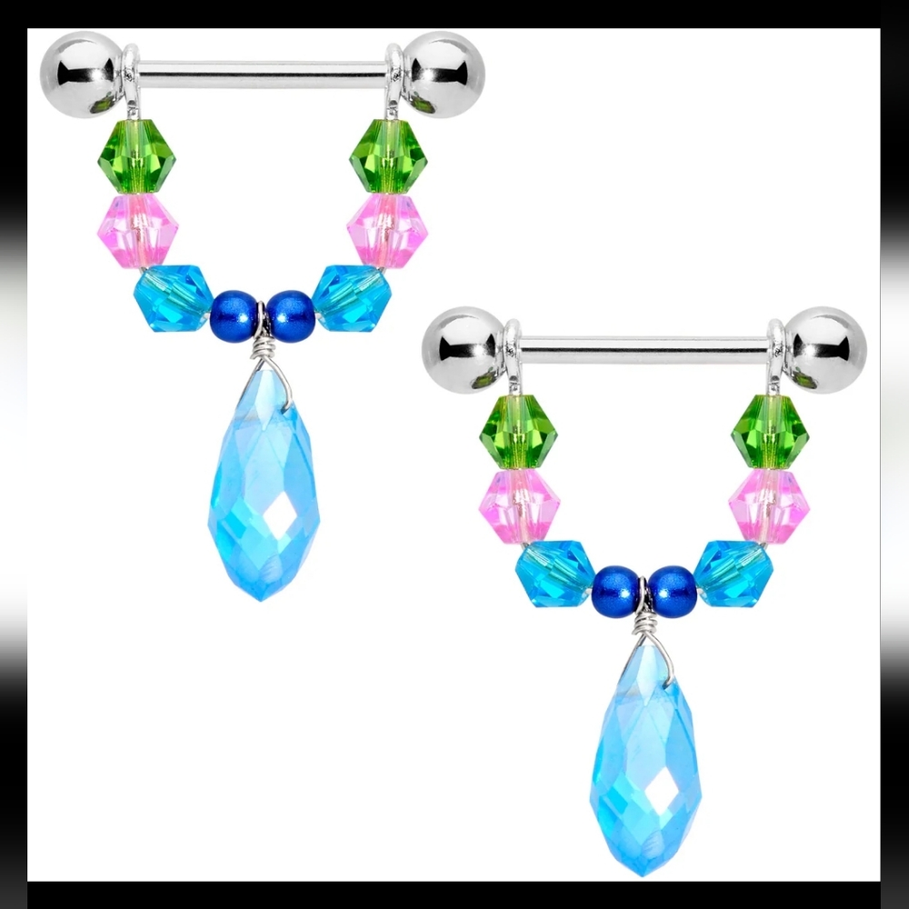 14G Nipple Barbells W/Colorful Faceted Beaded Swags & Large Drop Gem (OS) 316L